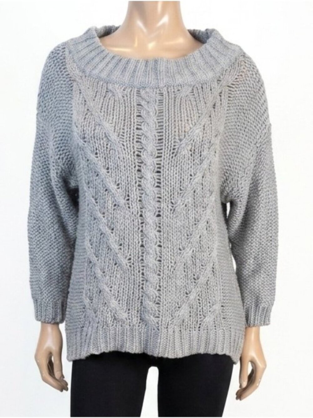 Aakaa Gray Cable Knit Slouchy Wide Neck Sweater Winter Fisherman Size Small
